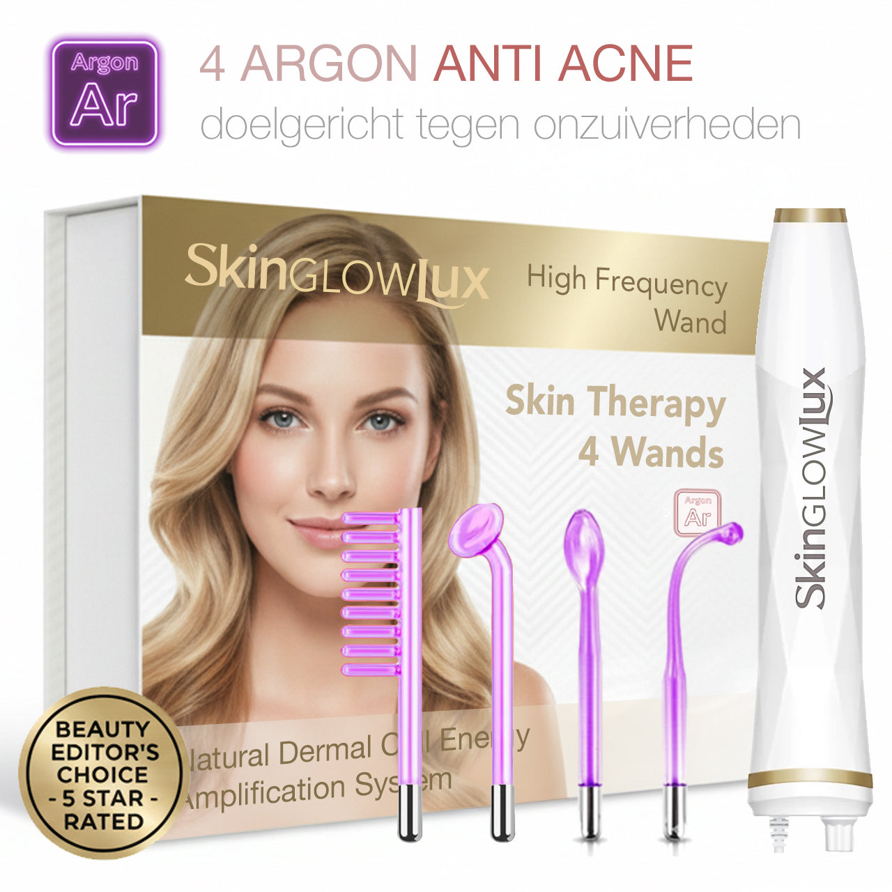 Argon High-Frequency Wand (violet) – 4-delig Anti-Acne